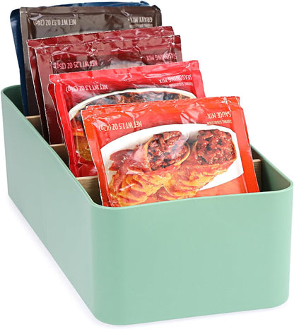 BSTKEY Seasoning Packet Organizer, Food Storage Organizer with Divided 4 Bamboo Wood Compartments, Black Plastic Storage Caddy for Pantry Cabinet, Kitchen Organization Bin for Snacks Spice Packets
