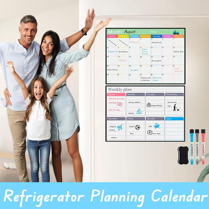 Magnetic Calendar Combo Set – 17x12” Magnetic Monthly & Weekly Dry Erase Calendar for Fridge, Family and Classroom Planning, Includes 3 Markers and Eraser