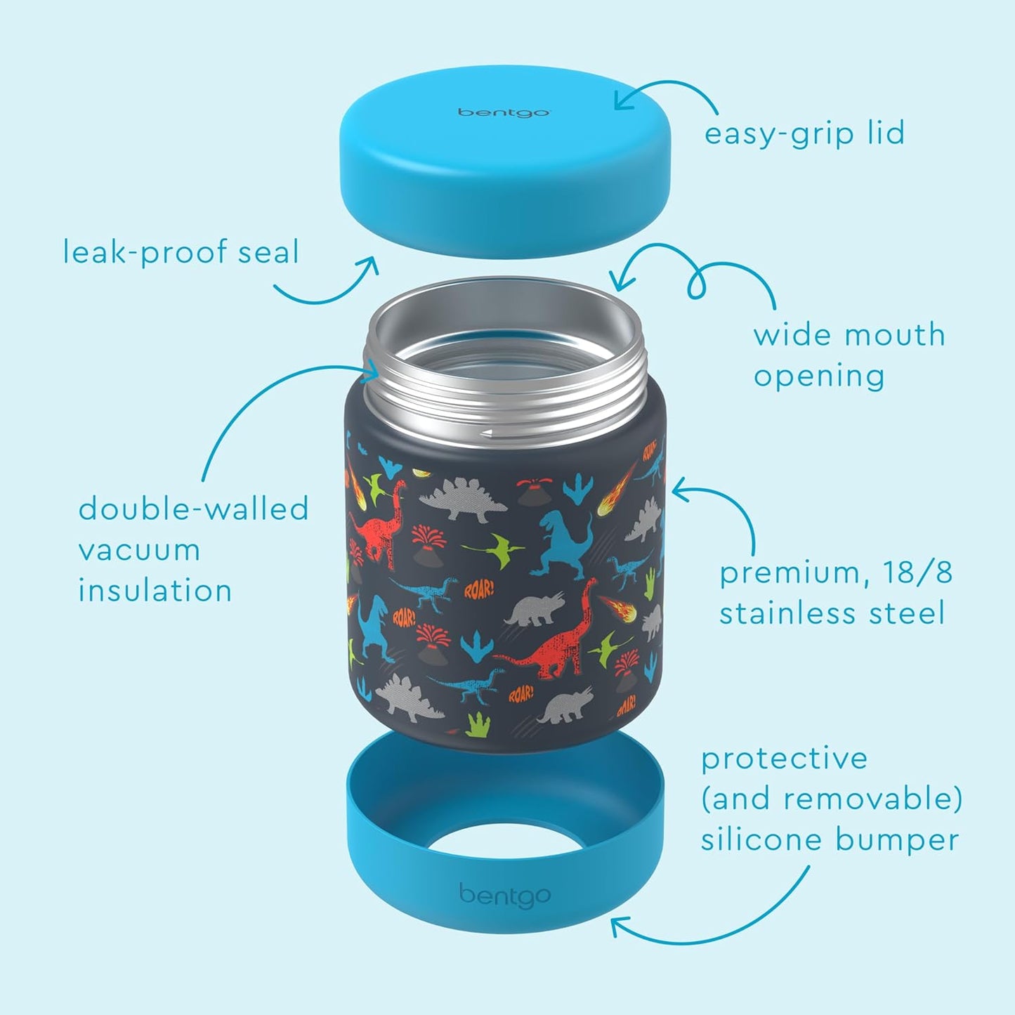 Bentgo Kids Stainless Steel Food Jar - 11oz Leak-Proof Double Insulated Hot or Cold Food Container with Removable Silicone Bumper, Dishwasher Safe, Easy Open Lid, Ages 3+ (Trucks)