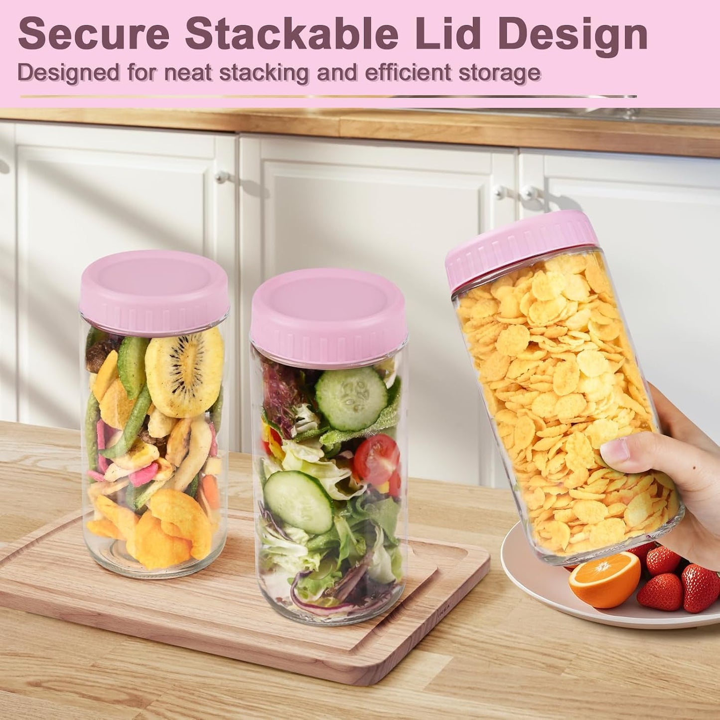 Overnight Oats Containers with Lids, 10oz Wide Mouth Mason Jars with Lids, 9 Pack Glass Jars with Airtight lid for Chia Pudding Yogurt Salad, Meal Prer Oatmeal Jars, Pink