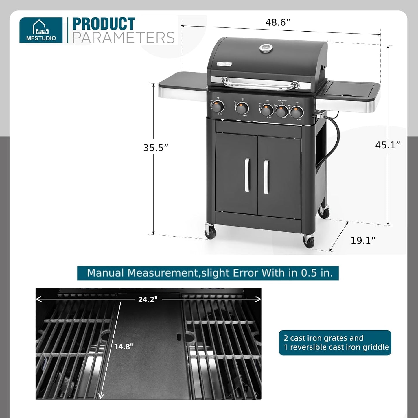 MFSTUDIO 5 Burner Gas Grill Griddle Combo with Porcelain-Enameled Cast Iron Grates,Cutting Board and Double Lids, Duel-Function Propane BBQ Grills with Flat Top Grddle for Outdoor Barbecue Cooking