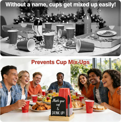 Decorative Solo Cup Holder with Marker Slot, Disposable Cup Dispenser Prevents Drink Mix-Ups – A Hosting Essential for Birthdays, BBQs, Gatherings & Housewarming, Brown