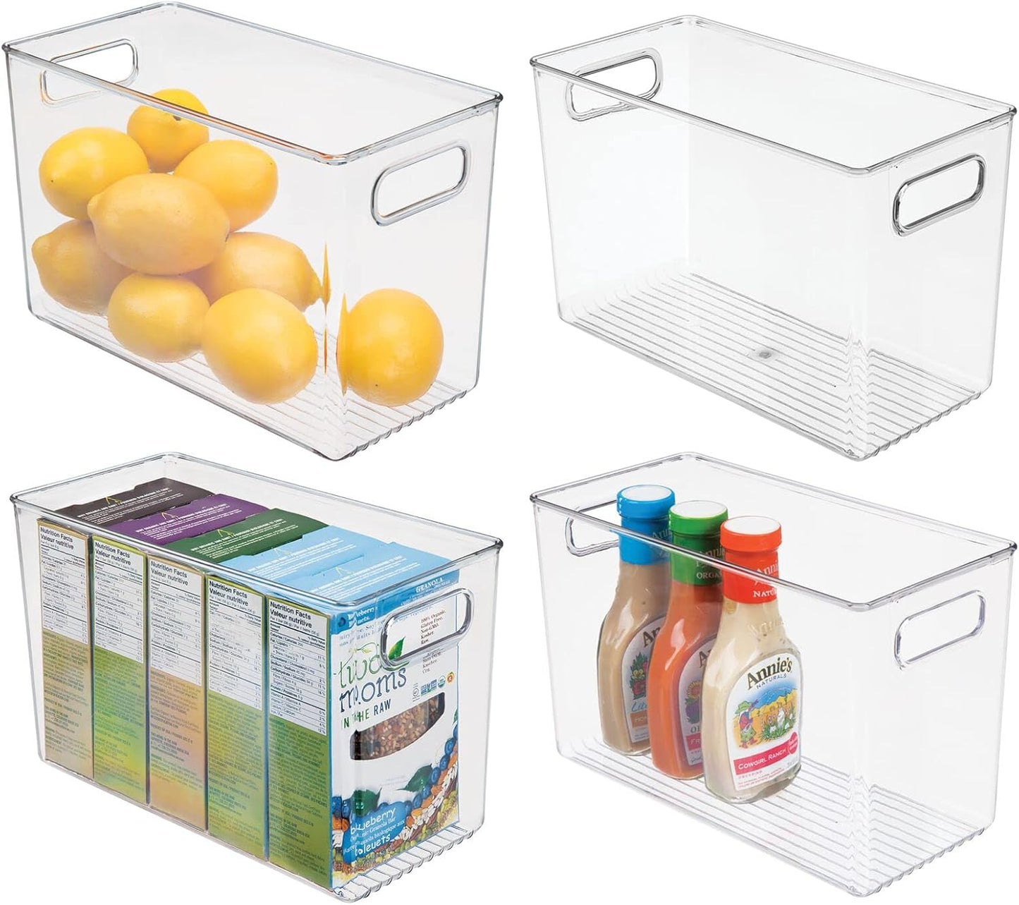 mDesign Plastic Storage Organizer Container Bin for Kitchen Organization in Pantry, Cabinet, Countertop Fridge, Refrigerator, and Freezer - Hold Food, Drink, or Snacks, Ligne Collection, 4 Pack, Clear