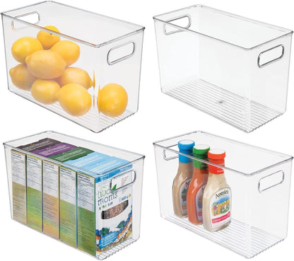 mDesign Plastic Storage Organizer Container Bin for Kitchen Organization in Pantry, Cabinet, Countertop Fridge, Refrigerator, and Freezer - Hold Food, Drink, or Snacks, Ligne Collection, 4 Pack, Clear