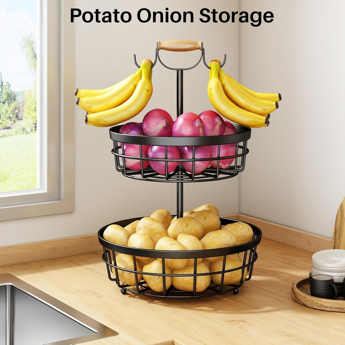 SAYZH 2-Tier Fruit Basket Bowl Vegetable Storage with 2 Banana Tree Hanger and Wood Lift Handle, Kitchen Countertop Metal Wire Basket for Bread Onions Potatoes (Black, 2 Tier)