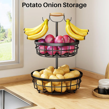 SAYZH 2-Tier Fruit Basket Bowl Vegetable Storage with 2 Banana Tree Hanger and Wood Lift Handle, Kitchen Countertop Metal Wire Basket for Bread Onions Potatoes (Black, 2 Tier)