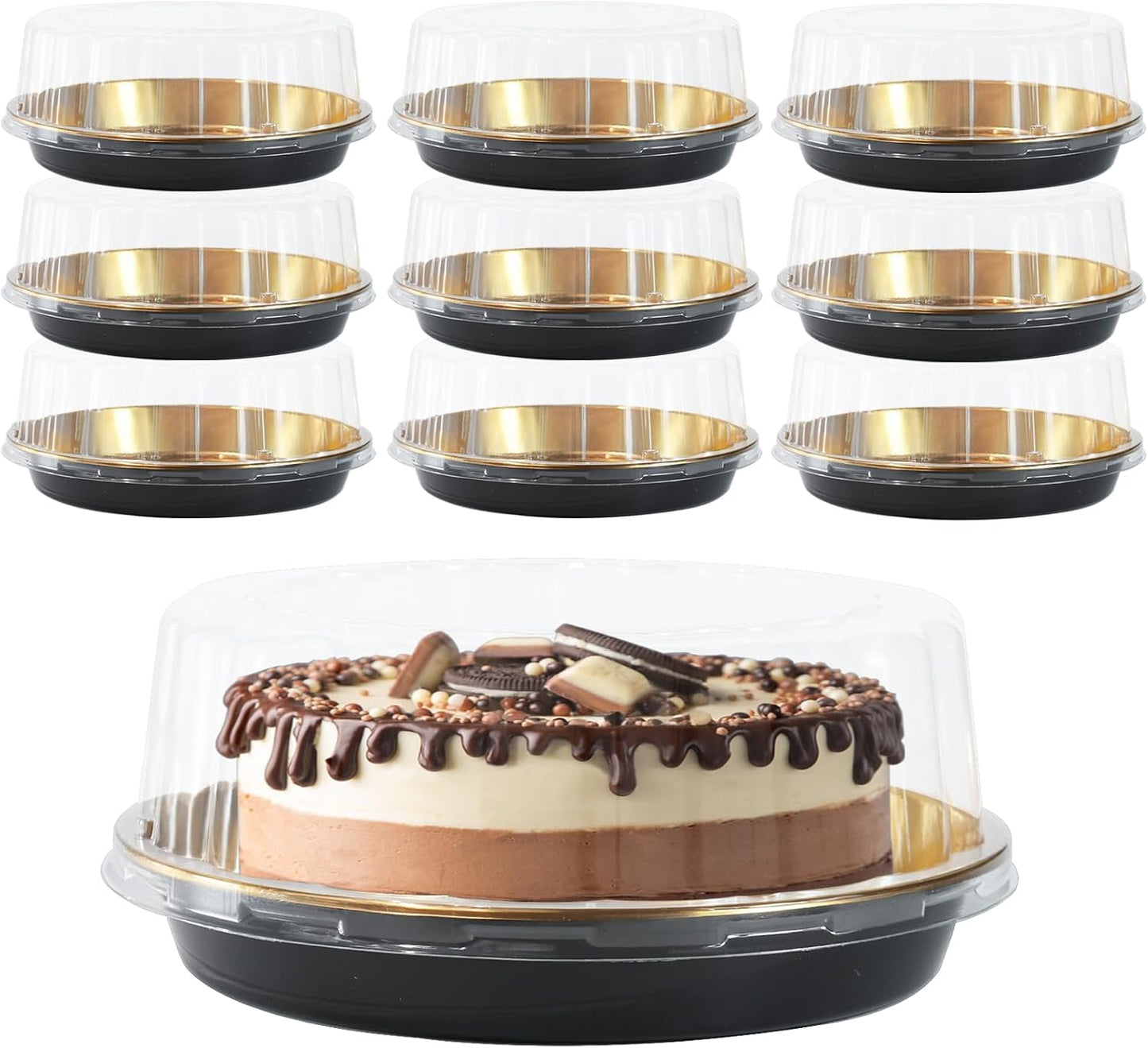 5Pack 10inch Round Clear +Gold Cake Carriers for Transport Plastic Cake Containers Carriers with Dome Lids and Cake Boards Clear Bundt Cake Boxes