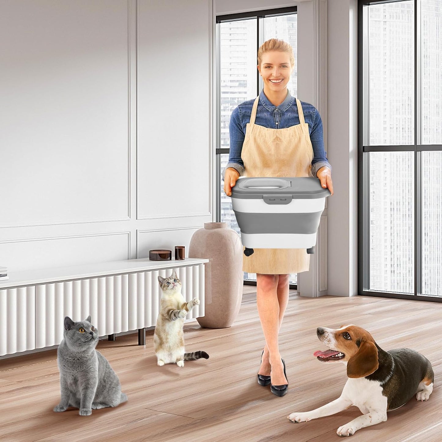 Dog Food Container, Collapsible Pet Food Storage Container 17-20 lb with Rolling Wheels & Airtight Lid, Plastic Storage Bin With Dog Food Scoop and Measuaring Cups