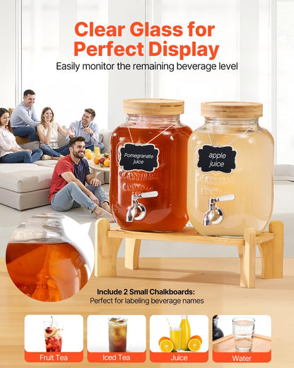 VEVOR Beverage Dispenser, 3 Pack 2 Gallon Drink Dispensers for Parties, Glass Juice Dispenser with Metal Stand, Stainless Steel Spigot, Infuser, Iced Tea Lemonade Juice Water Dispensers for Parties