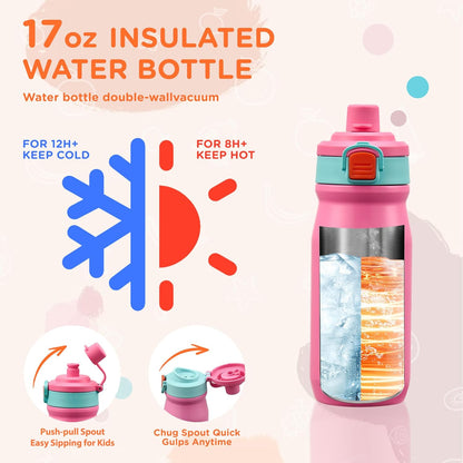 MAISON HUIS Bento Box for Kids with 8oz Soup Thermo, Insulated Lunch Bag & 17oz Water Bottle, 2-Compartment Bento Box with Built-In Ice Pack, Leak-Proof & BPA-Free (Purple)