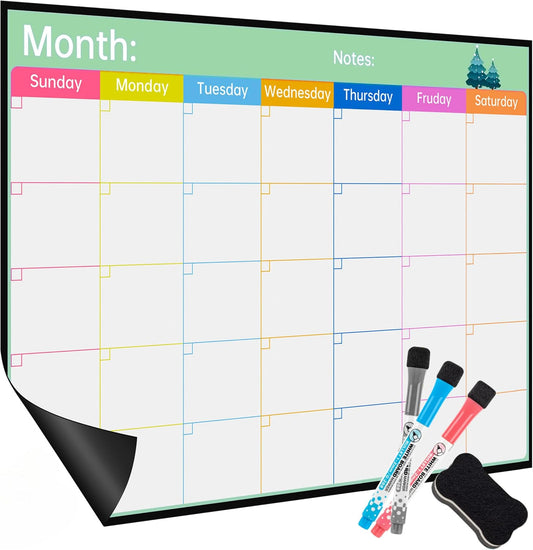 Magnetic Calendar Combo Set – 17x12” Magnetic Monthly & Weekly Dry Erase Calendar for Fridge, Family and Classroom Planning, Includes 3 Markers and Eraser