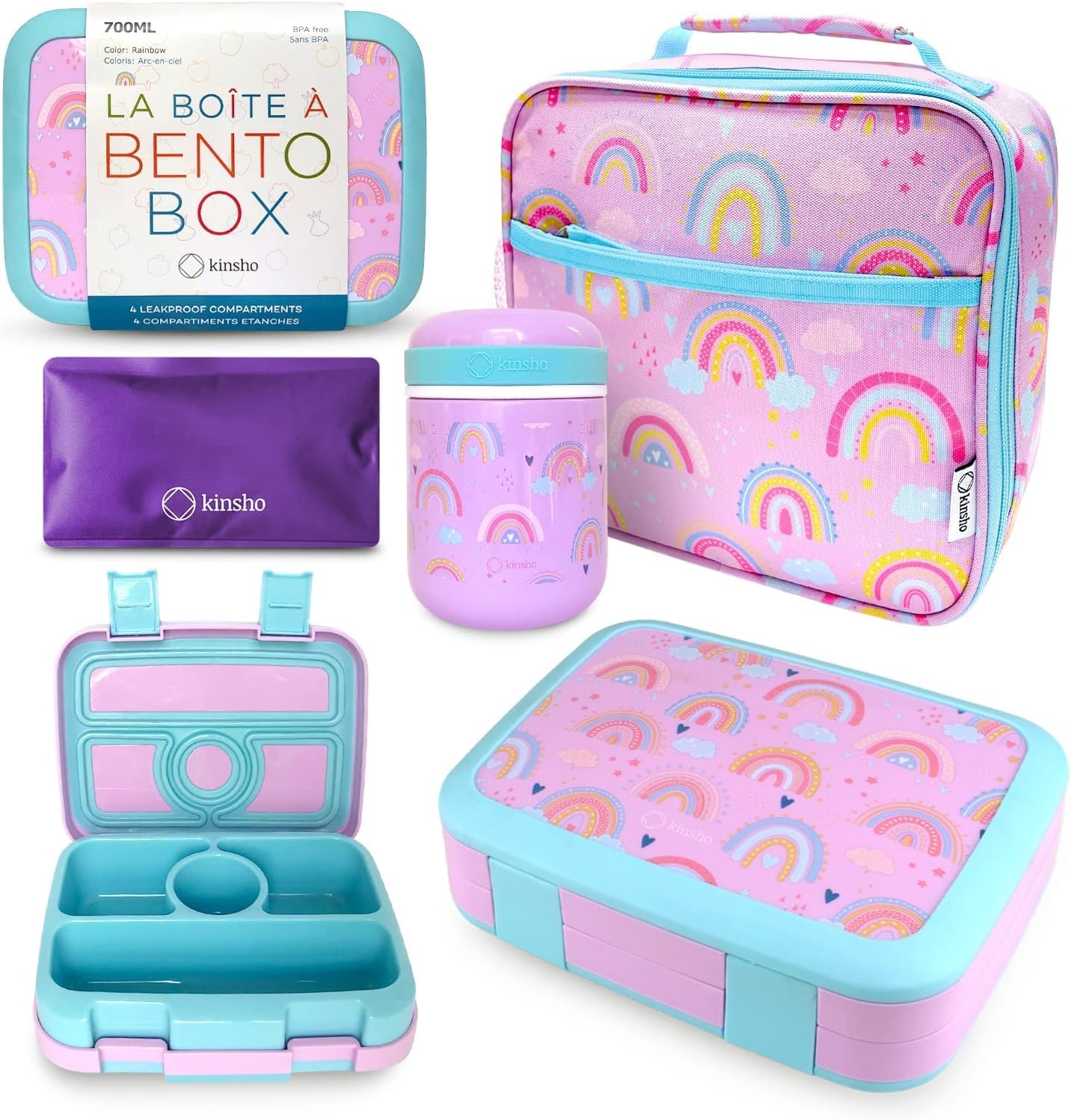Bento Box with Stainless Steel Thermo, Insulated Lunch Bag, Ice Pack Set for Kids - 5 Compartments, Lunches or Snack Container for Girls, Toddlers Daycare Pre-School, Kindergarten Purple Unicorn