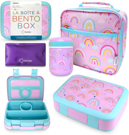 Bento Box with Stainless Steel Thermo, Insulated Lunch Bag, Ice Pack Set for Kids - 5 Compartments, Lunches or Snack Container for Girls, Toddlers Daycare Pre-School, Kindergarten Purple Unicorn