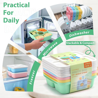 Bento Snack Box Containers for Adults Kids, 4 Pack Lunchable Meal Prep Containers Reusable, Stackable Bento Lunch Box, Food Storage Prep Containers with Lids and 4 Sauce Cups, Pastel Color, Clear Lid