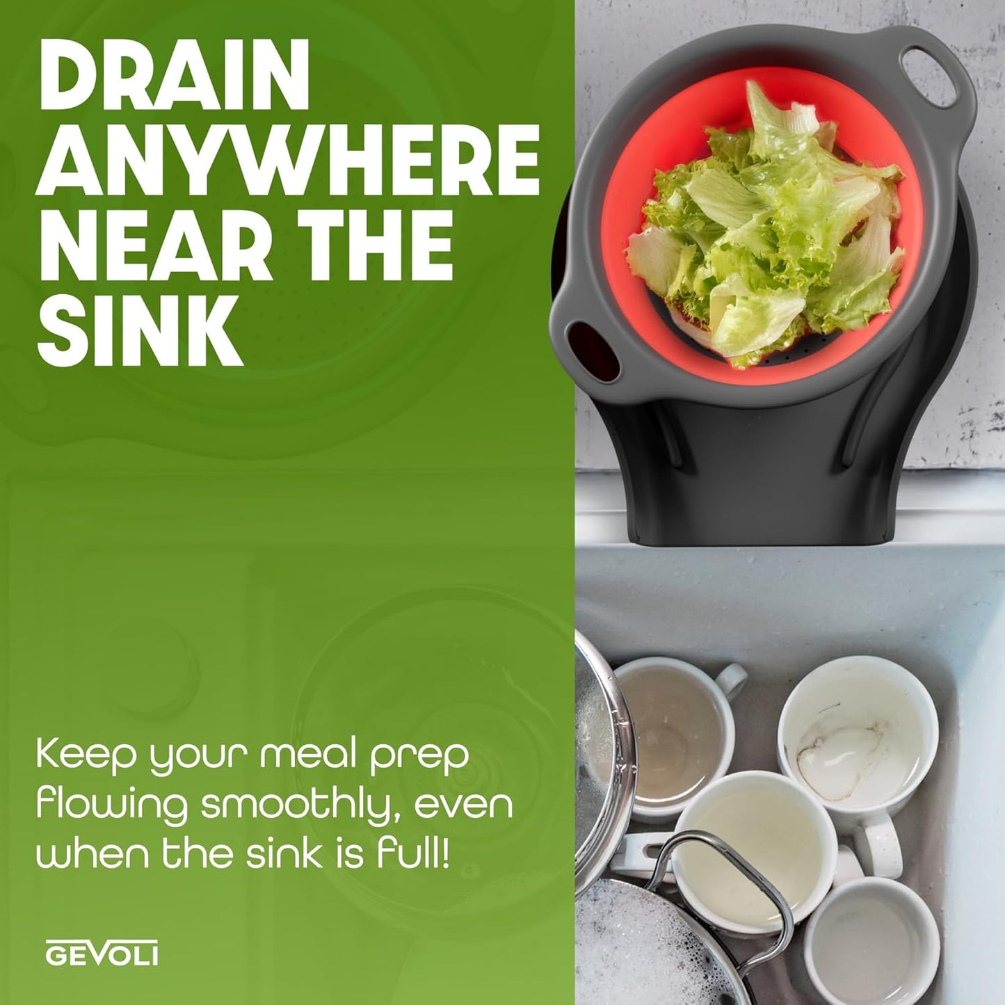 Gevoli 3-Pack Collapsible Colanders with Self-Draining Base, Over Sink-edge Silicone Food Strainers, Small/Med/Large Sizes, Nesting for Easy Compact Storage (3Qt, 4Qt, 5-Quart Set) Green/Gray