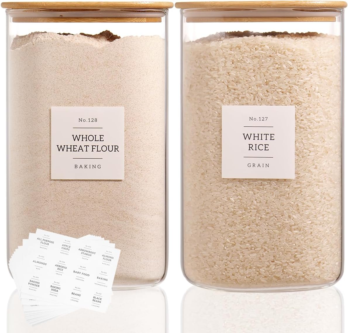 2 Pack large Square Glass Flour and Sugar Containers with 132 Kitchen Pantry Labels - 149 floz & 71 floz - Glass Jars with Airtight Bamboo Lid - Glass Rice Canisters for Coffee, Pasta, Cookie, Cereal