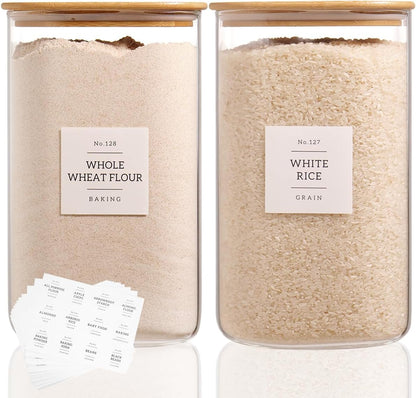 2 Pack large Square Glass Flour and Sugar Containers with 132 Kitchen Pantry Labels - 149 floz & 71 floz - Glass Jars with Airtight Bamboo Lid - Glass Rice Canisters for Coffee, Pasta, Cookie, Cereal