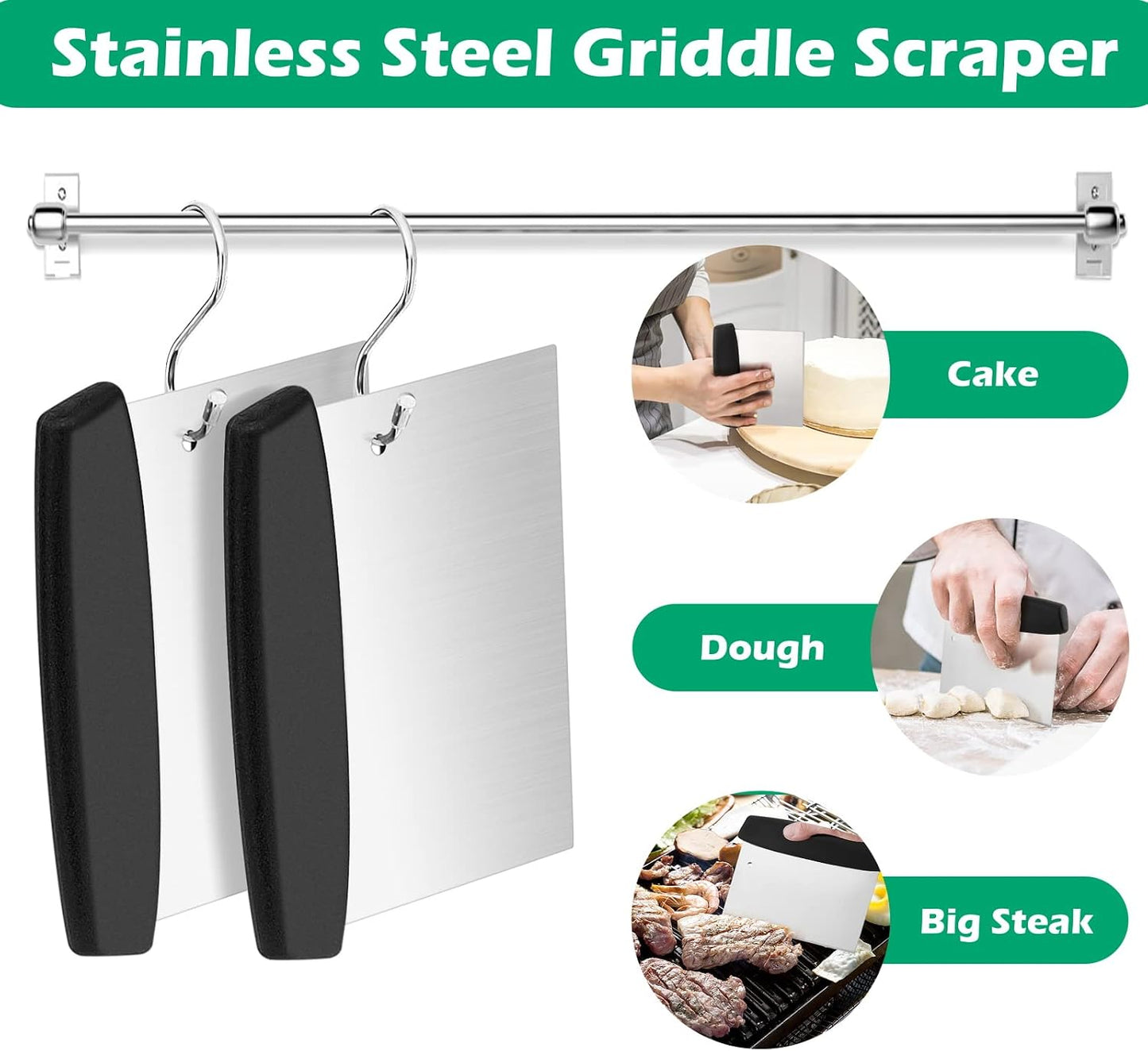 Metal Griddle Scraper Chopper, HaSteeL Stainless Steel Dough Bench Scraper Pastry Cutter with Measuring Marks, Multi-purpose Kitchen Tool for Flat Top Grilling/Baking/Cooking, Dishwasher Safe (2-Pack)