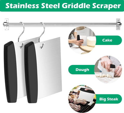 Metal Griddle Scraper Chopper, HaSteeL Stainless Steel Dough Bench Scraper Pastry Cutter with Measuring Marks, Multi-purpose Kitchen Tool for Flat Top Grilling/Baking/Cooking, Dishwasher Safe (2-Pack)