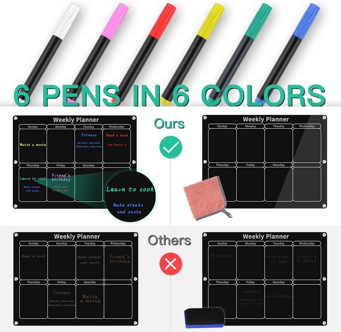 Magnetic Monthly & Weekly Fridge Calendar - Black Dry Erase Acrylic Refrigerator Planning Board Includes 6 Colorful Markers, Pen Holder, Towel, Hook