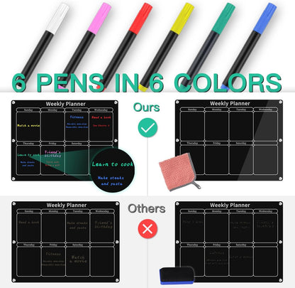 Magnetic Monthly & Weekly Fridge Calendar - Black Dry Erase Acrylic Refrigerator Planning Board Includes 6 Colorful Markers, Pen Holder, Towel, Hook