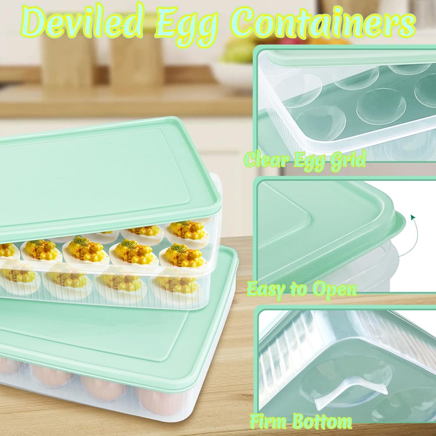 2PCS Deviled Egg Containers with Lid,Portable Storage Carrier Egg Holder,Stackable Plastic Egg Tray Carrier for Kitchen,Fridge,Keep Fresh,Easter(48 Eggs)