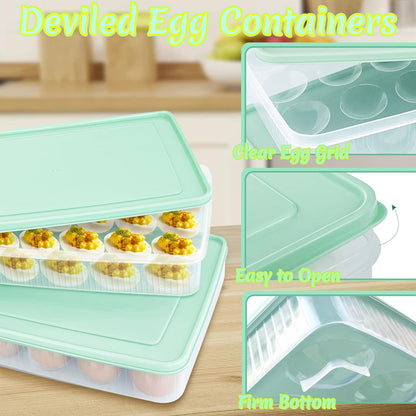 2PCS Deviled Egg Containers with Lid,Portable Storage Carrier Egg Holder,Stackable Plastic Egg Tray Carrier for Kitchen,Fridge,Keep Fresh,Easter(48 Eggs)