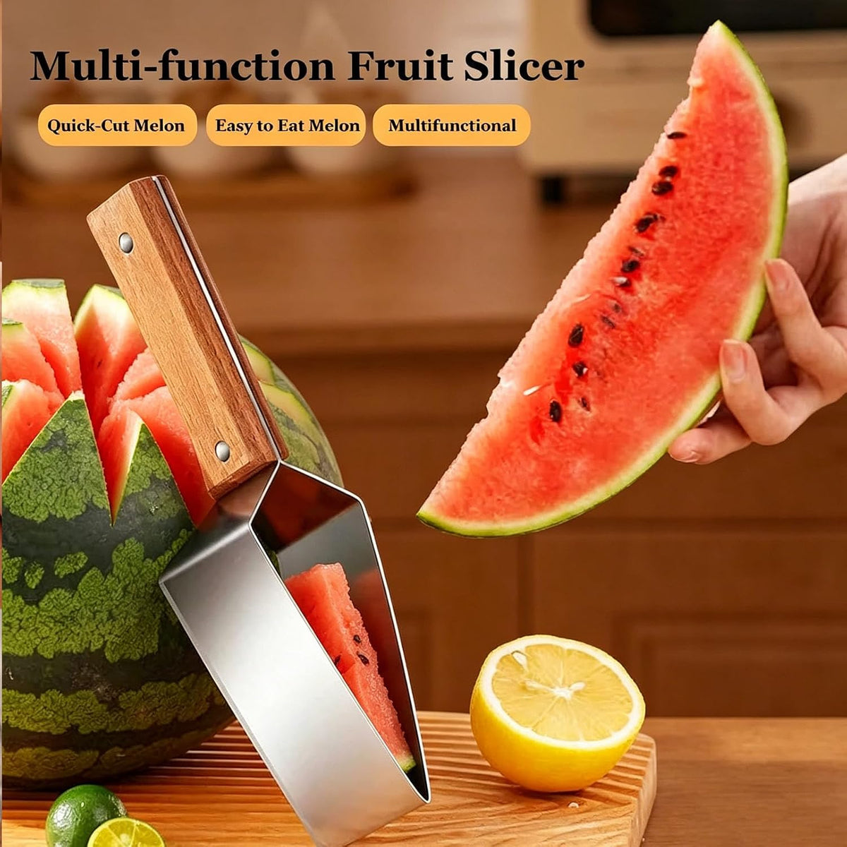 2PCS Stainless Steel Watermelon Cutter, Triangle Fruit Slicer with Wooden Handle, Melon Divider Tool for Watermelon, Cantaloupe and Honeydew