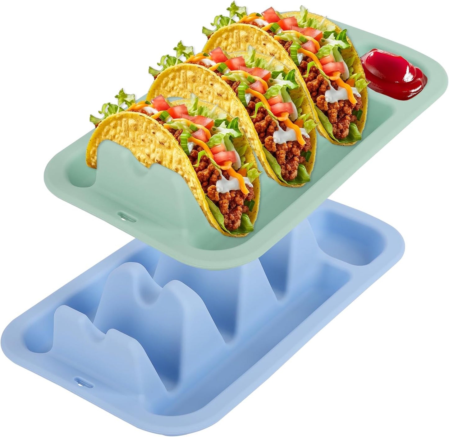 Klyrnd Silicone Taco Holder Set of 2, Reusable Taco Plate with Dividers for Hard & Soft Shells - Microwave & Dishwasher Safe Serving Stand (Grey Beige)