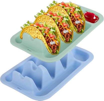 Klyrnd Silicone Taco Holder Set of 2, Reusable Taco Plate with Dividers for Hard & Soft Shells - Microwave & Dishwasher Safe Serving Stand (Grey Beige)
