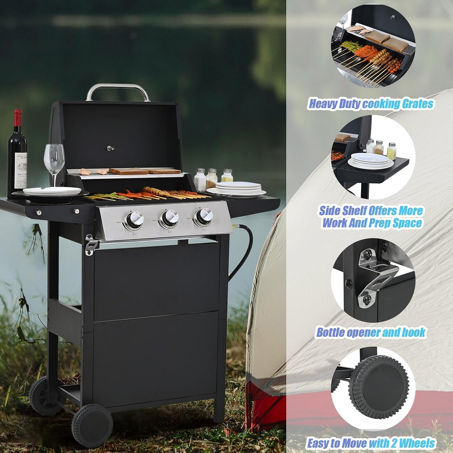 4 Burner Outdoor Propane Gas Grill with Side Burner & Thermometer, Stainless Steel Barbecue Grill with Wheels for Patio BBQ Cooking, Camping