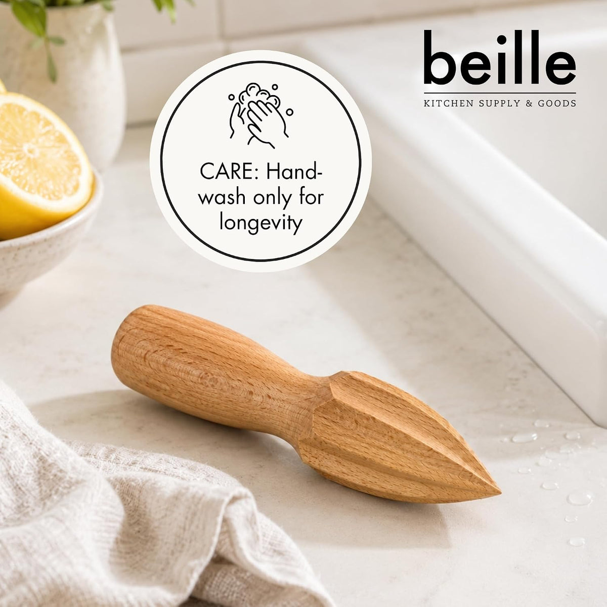 Beille Natural Beechwood Handheld Citrus Reamer, 6.5 Inches