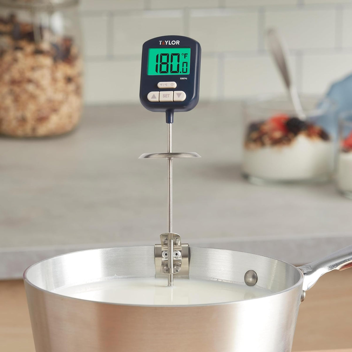 Taylor Programmable Digital Candy and Deep Fry Thermometer with Green Light Alert Display, Long Stem, and Adjustable Pan Clip, White