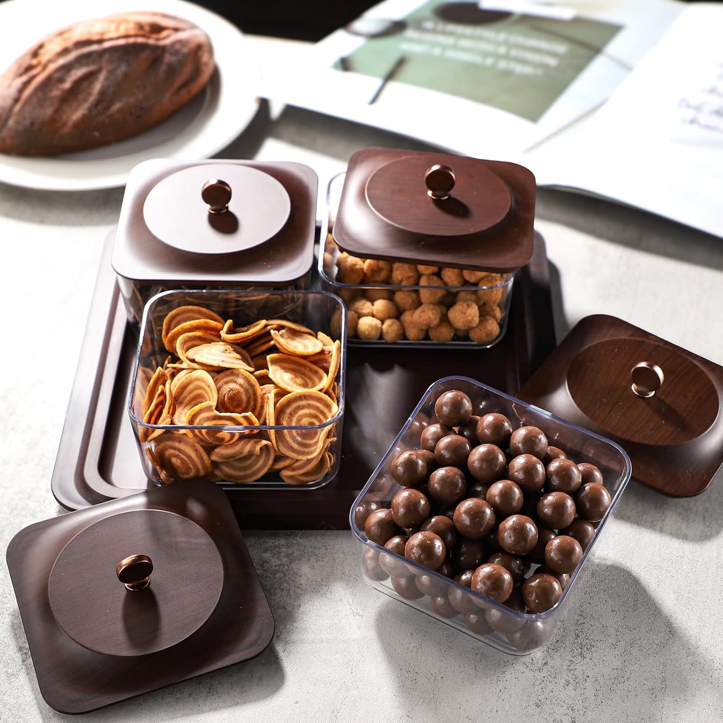 Serving Set: Plastic Imitated Wood Serving Tray & 4 Snack Boxes with Lid, Ideal for Home, Party & Birthday