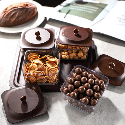 Serving Set: Plastic Imitated Wood Serving Tray & 4 Snack Boxes with Lid, Ideal for Home, Party & Birthday