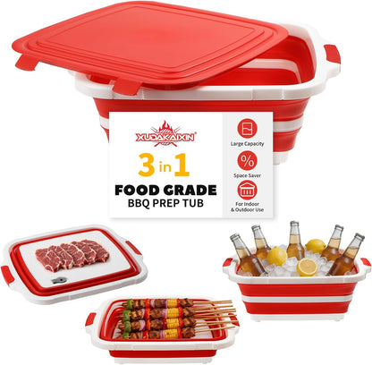 XUDAKAIXIN Collapsible BBQ Prep Tub for Meal Prep, Marinating,Food Storage, picnics, camping, barbecues,cutting fruits and vegetables - Includes Cutting Board and Locking Lid,(X-Large) Black