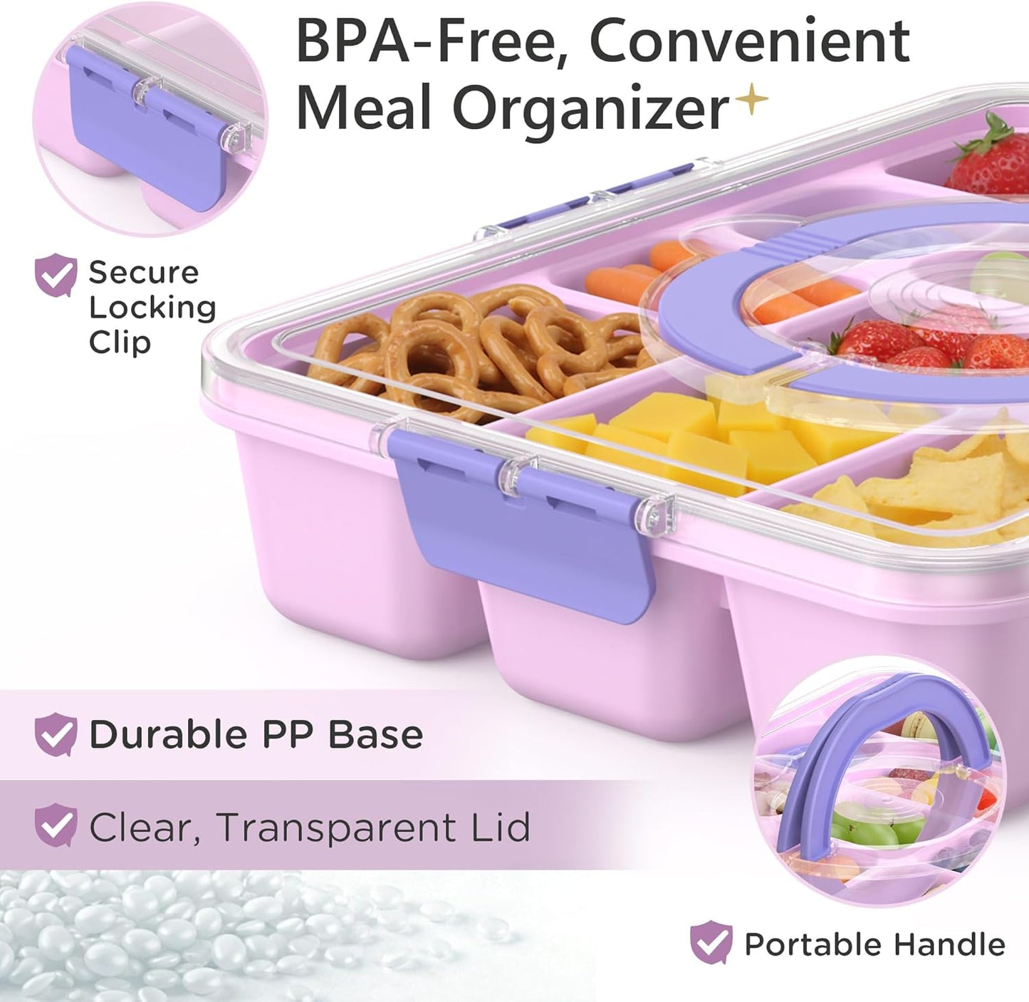 Snackle Box Container for Adults with 10 Compartment, Divided Serving Tray with Lid and Handle and 2 Sauce Containers, Portable Snack Box Container for Charcuterie Party Travel, Purple