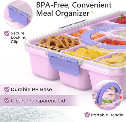 Snackle Box Container for Adults with 10 Compartment, Divided Serving Tray with Lid and Handle and 2 Sauce Containers, Portable Snack Box Container for Charcuterie Party Travel, Purple