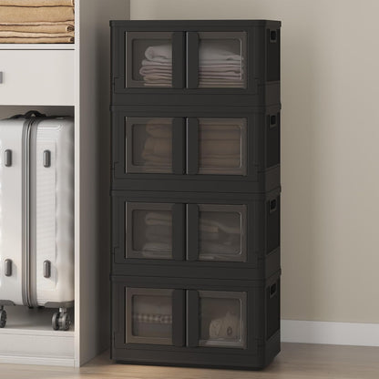 FLEXIMOUNTS 304 QT Stackable Storage Bins With Lids, Collapsible Plastic Storage Bins, Closet Organizers and Storage Containers with Doors and Built-in Wheels For Home, 4 Pack Cubes, Black