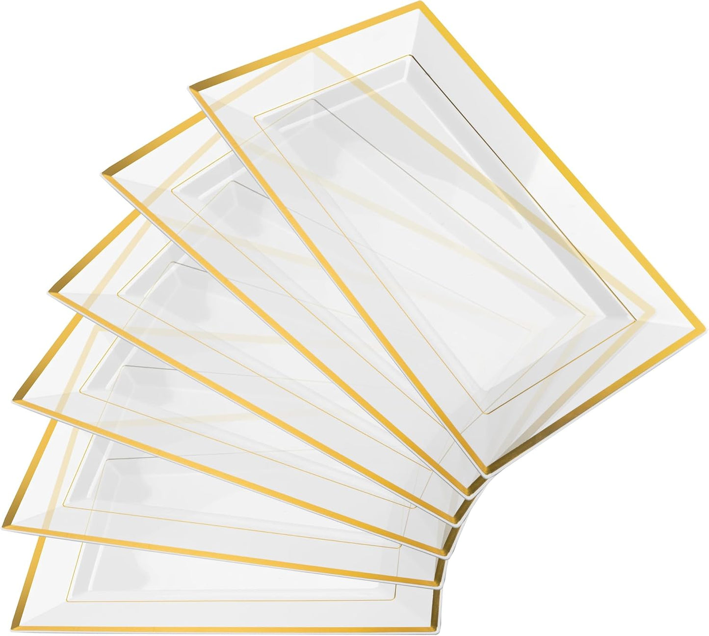 Elegant Plastic Serving Tray & Platter Set (6pk) - White & Gold Rim Disposable Serving Trays & Platters for Food - Weddings, Upscale Parties, Dessert Table, Cupcakes - 8 x 12.85 inches