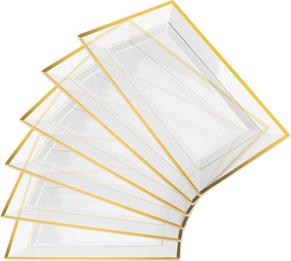 Elegant Plastic Serving Tray & Platter Set (6pk) - White & Gold Rim Disposable Serving Trays & Platters for Food - Weddings, Upscale Parties, Dessert Table, Cupcakes - 8 x 12.85 inches