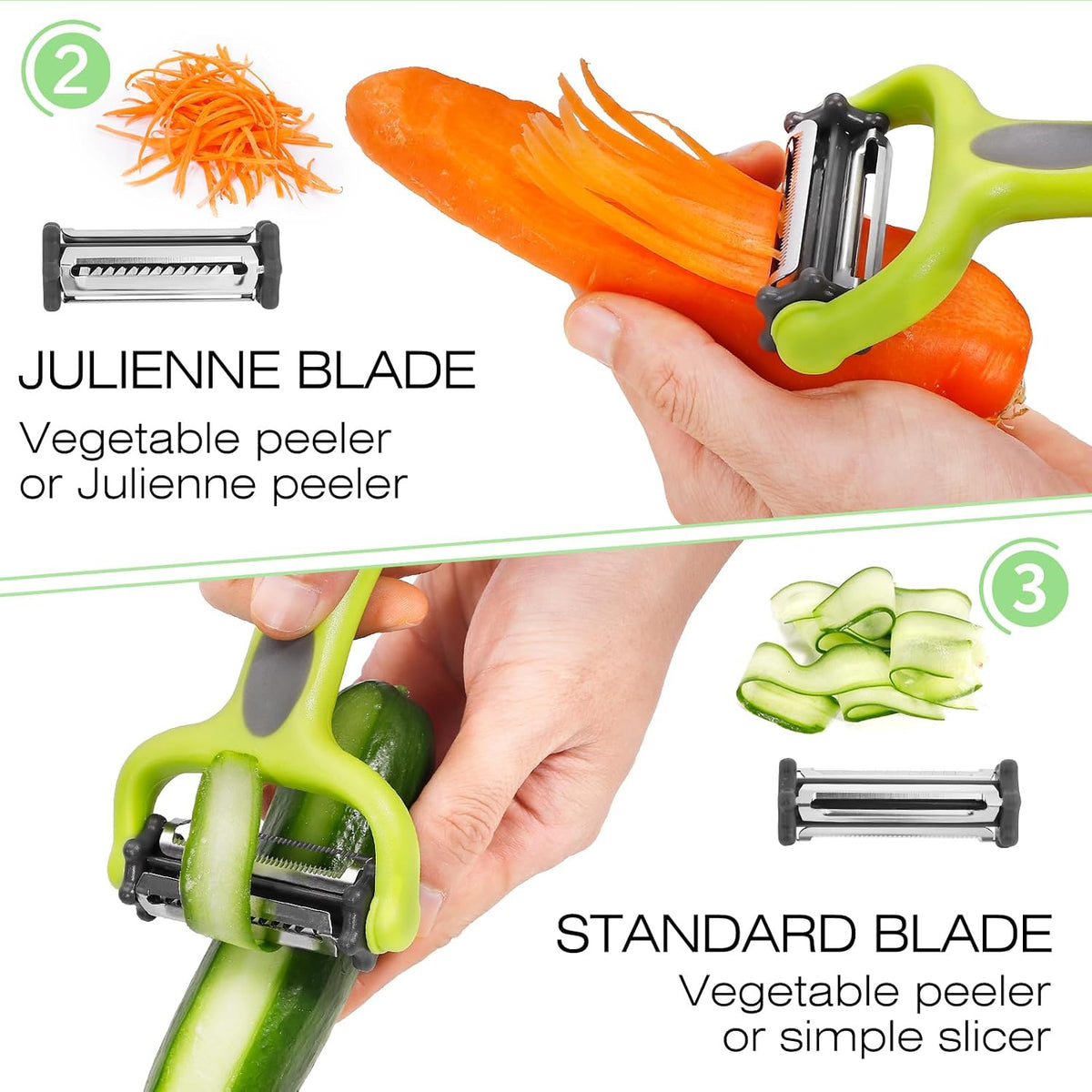 Senbowe Julienne Peeler, Potato Vegetable Peeler for Kitchen, I and Y Potato Peelers for Apple Fruit Carrot Zucchini Cucumber Veggie, 3 in 1 Blade Spin Design, Anti-Slip Handle