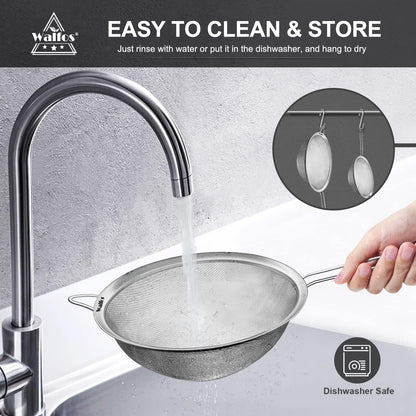 Walfos 6.3 Inch Fine Mesh Strainer, Premium Stainless Steel Sieve and Sifter with Handle, Kitchen Metal Strainers for Rice, Quinoa, Fruits, Noodles, Flour