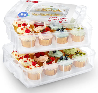Gencywe Plastic Cupcake Carrier 24 Count, 2-Layer Cupcake Holder Carries with Lid & Handles, Cookie, Cake, Cupcake and Brownie Storage Carrier, Reusable Cupcake Box