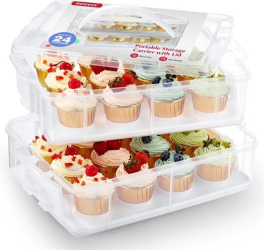 Gencywe Plastic Cupcake Carrier 24 Count, 2-Layer Cupcake Holder Carries with Lid & Handles, Cookie, Cake, Cupcake and Brownie Storage Carrier, Reusable Cupcake Box