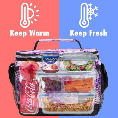 opux Insulated Lunch Box Men Women, Lunch Bag for Work School, Leakproof Soft Cooler Tote Adult, Large Lunch Pail Kids Boys Girls, Picnic Beach Food Bag with Shoulder Strap, Purple Floral