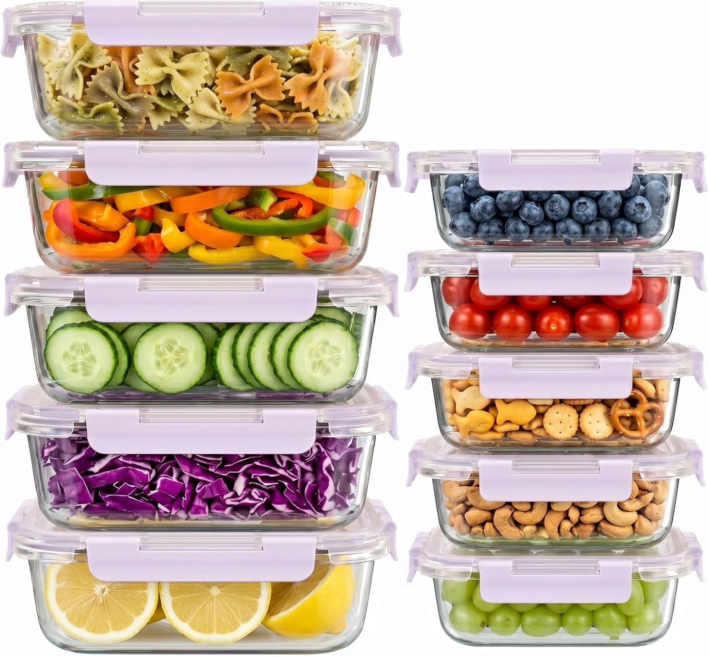 Dealusy 10 Sets (20-Piece) 36 oz & 12 oz Glass Food Storage Containers with lids, Airtight Leak-proof Glass Meal Prep Containers with Lids, Microwave Oven Freezer Dishwasher Safe, Gray