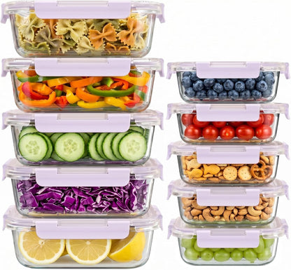 Dealusy 10 Sets (20-Piece) 36 oz & 12 oz Glass Food Storage Containers with lids, Airtight Leak-proof Glass Meal Prep Containers with Lids, Microwave Oven Freezer Dishwasher Safe, Gray