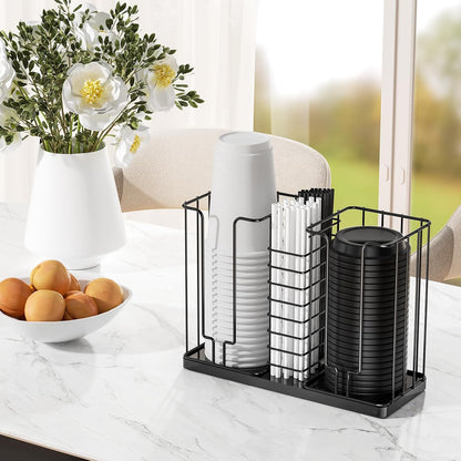 Coffee Cup and Lid Holder - Disposable Cup Holder, Metal Paper Cup Holder 3-Compartment Coffee Cup Dispenser for Countertop Coffee Station Bar Restaurant Office Breakroom Shop Kitchen