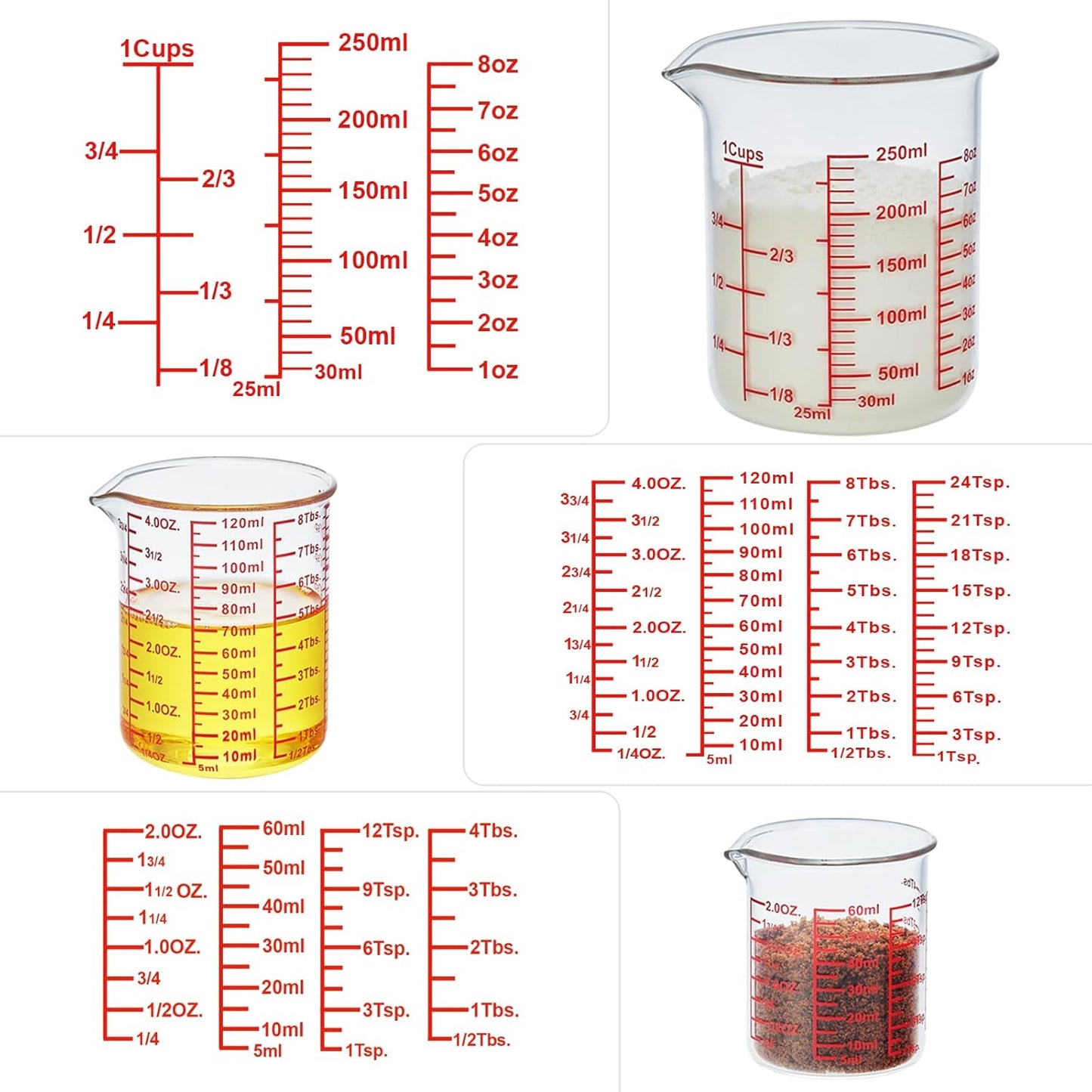 3 Piece Glass Measuring Cup Set, Includes 1/2-Cup, 1-Cup, and 2-Cup High Borosilicate Glasss Liquid Measuring Cups, Dishwasher, Freezer, Microwave, and Preheated Oven Safe, Essential Kitchen Tools